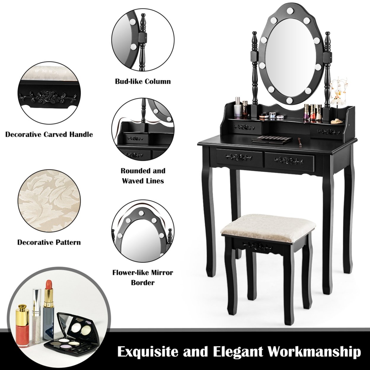 Makeup Vanity Dressing Table Set W/10 Dimmable Bulbs Cushioned Stool - Brown