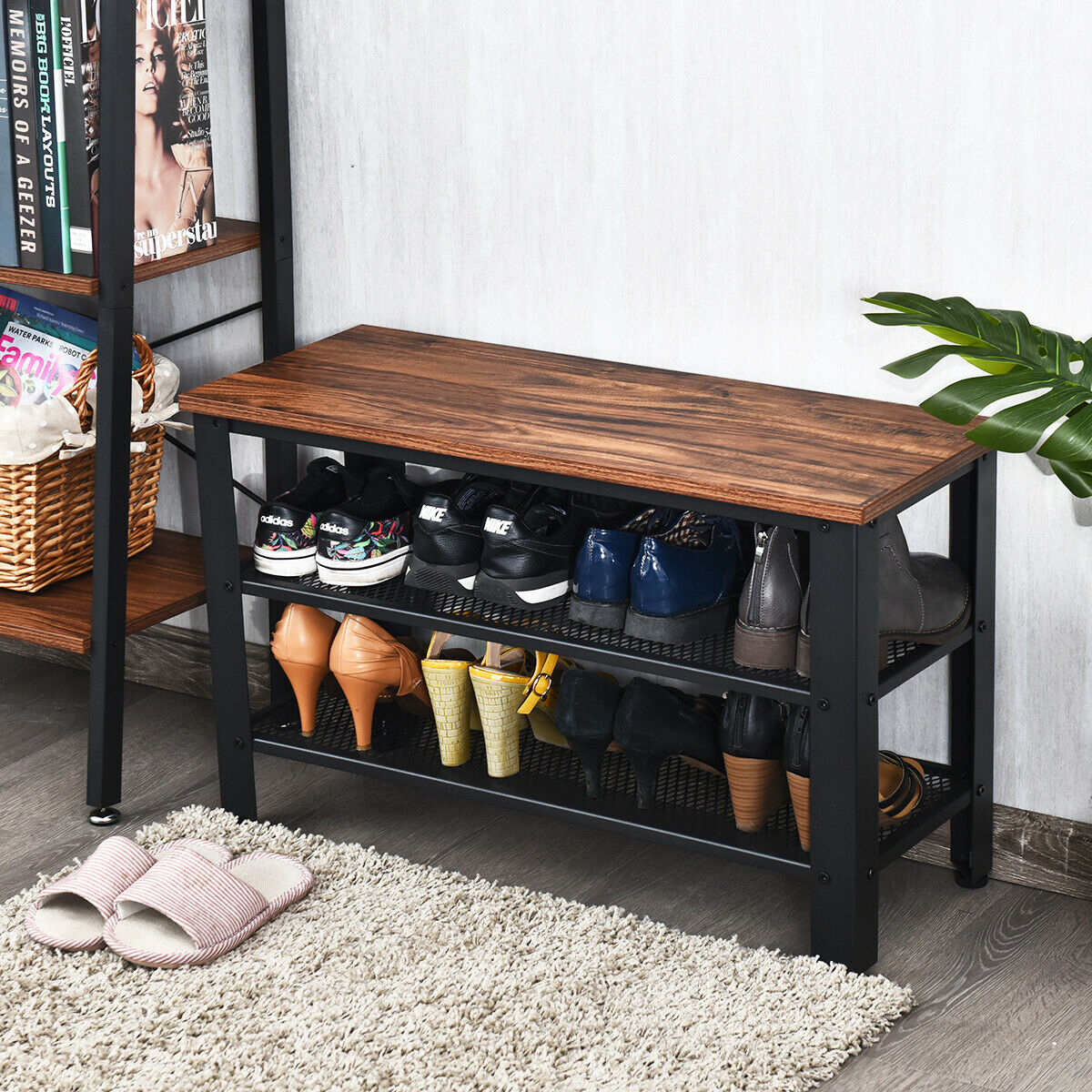 3-Tier Shoe Rack Industrial Shoe Bench With Storage Shelves For LivingRoom - Silver And Brown