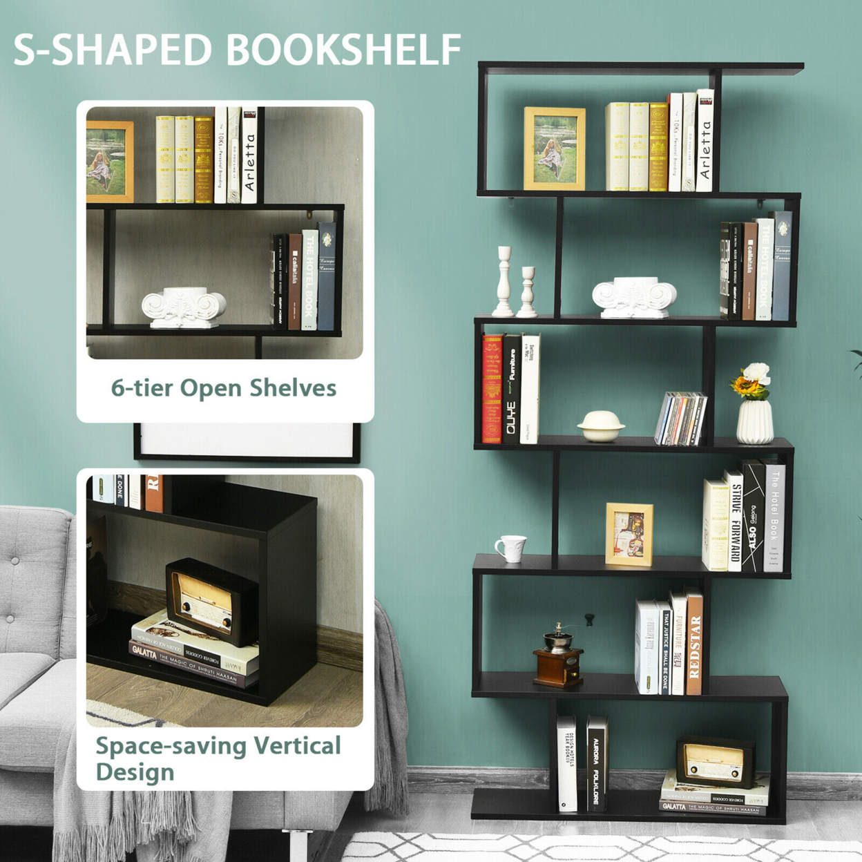 2 PCS 6 Tier S-Shaped Bookshelf Storage Display Bookcase Z-Shelf - Black