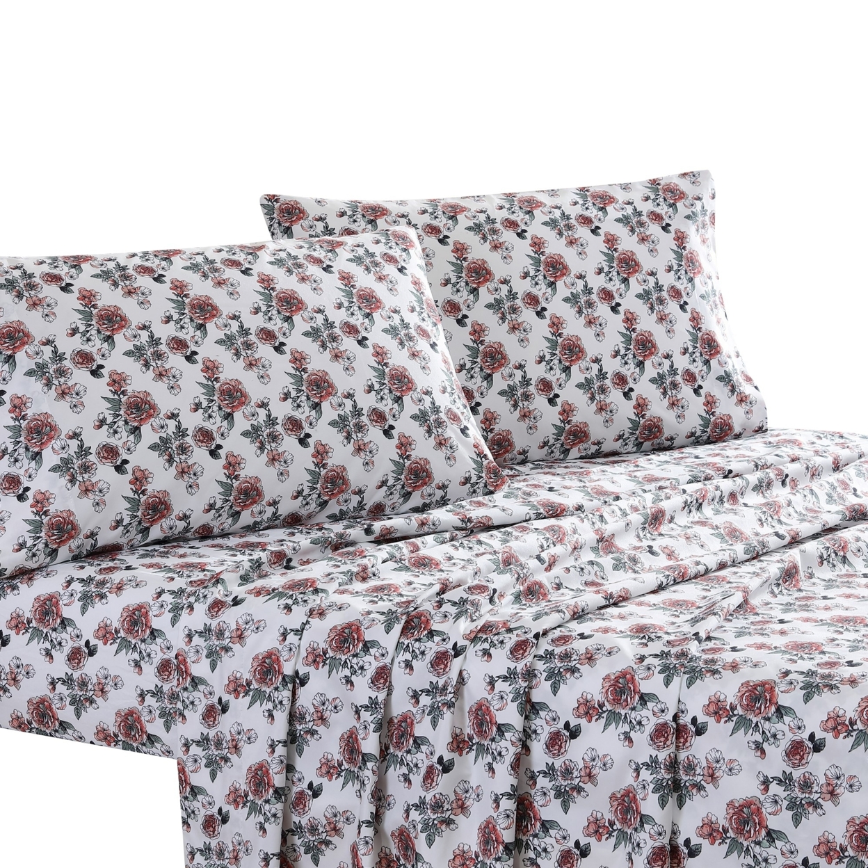 Veria 4 Piece King Bedsheet Set With Rose Print The Urban Port, White And Pink- Saltoro Sherpi