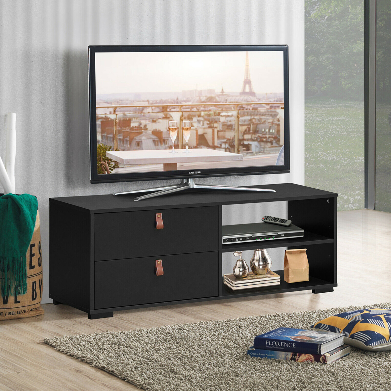 TV Stand Entertainment Media Center Console For TV's Up To 55'' W/Drawers Black/Walnut - Walnut