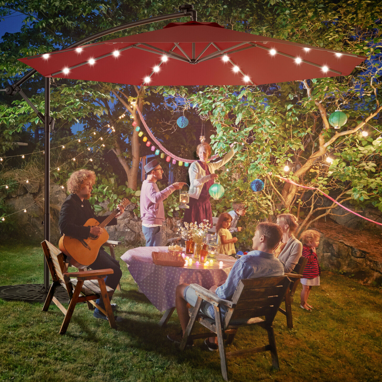10Ft Patio Solar LED Outdoor Offset Hanging Umbrella W/ 24 Lights - Burgundy