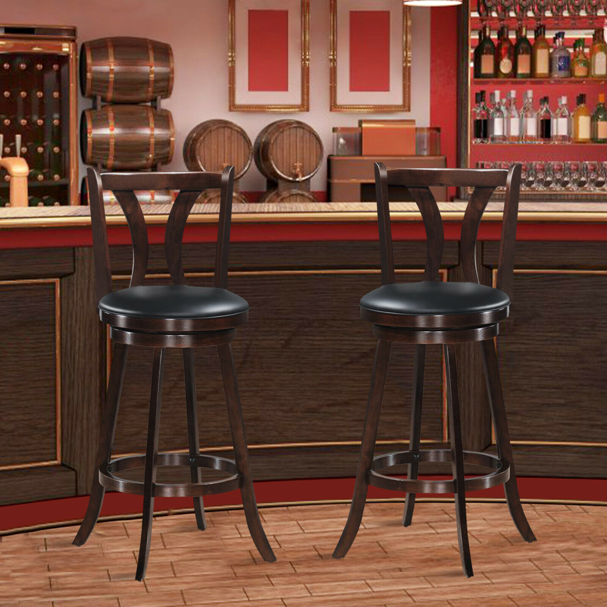 Set Of 2 Swivel Bar Stools 29.5 Bar Height Chairs With Rubber Wood Legs
