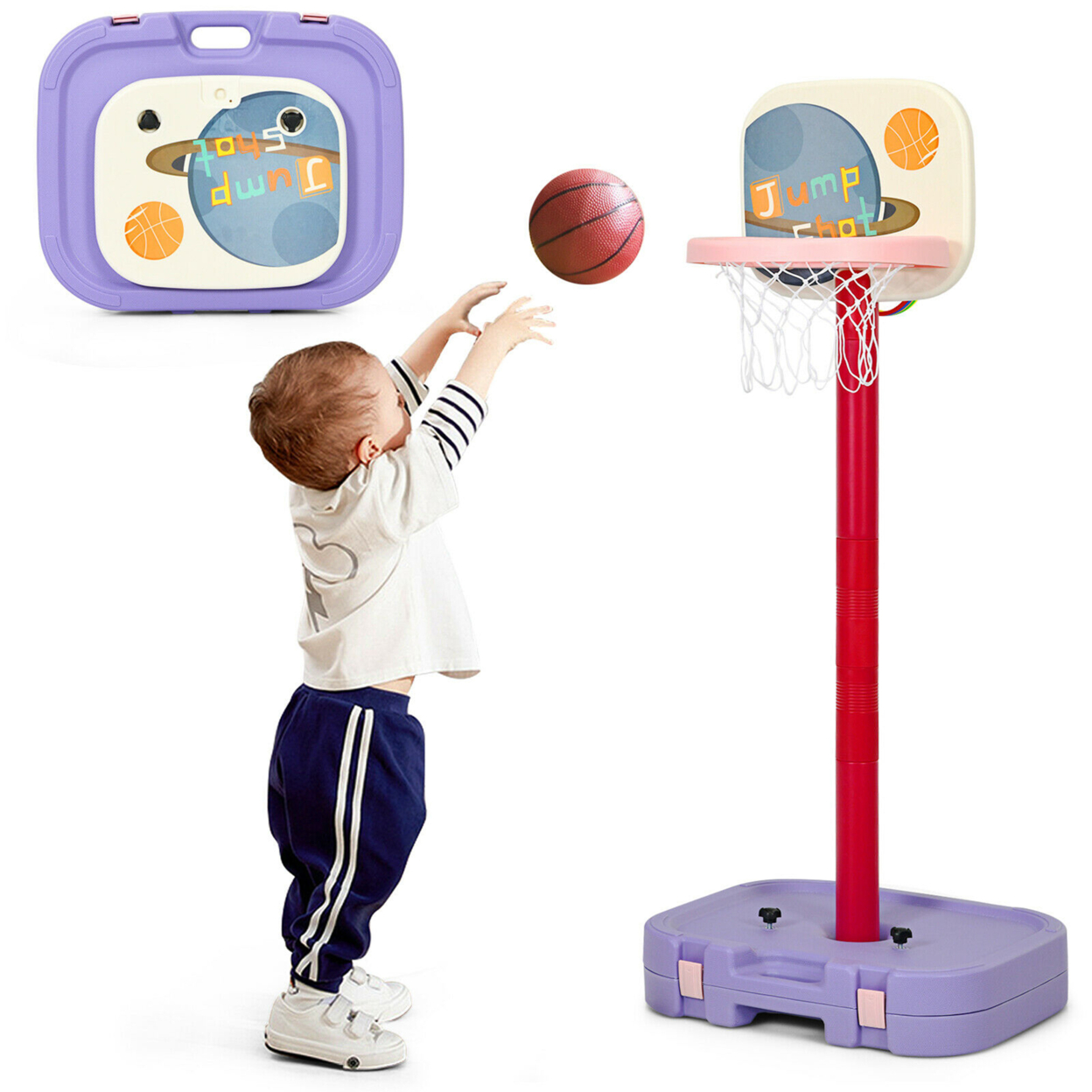 Portable 2 In 1 Kids Basketball Hoop Stand W/ Ring Toss & Storage Box - Purple