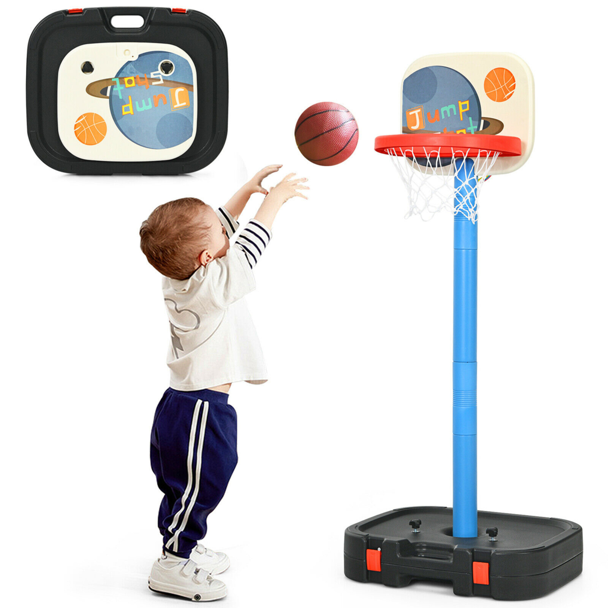 Portable 2 In 1 Kids Basketball Hoop Stand W/ Ring Toss & Storage Box - Black