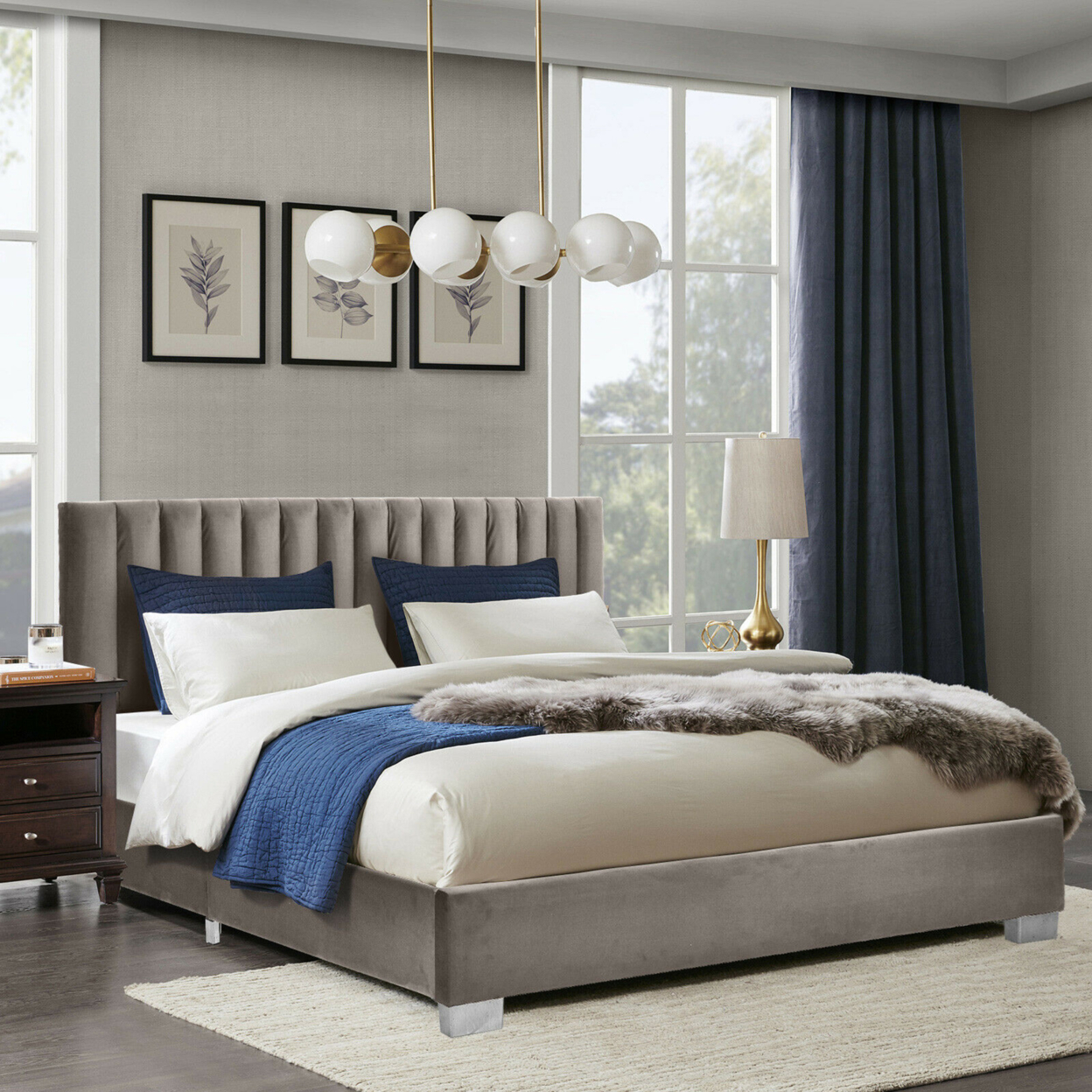 Full Tufted Upholstered Platform Bed Frame Flannel Headboard Light Grey