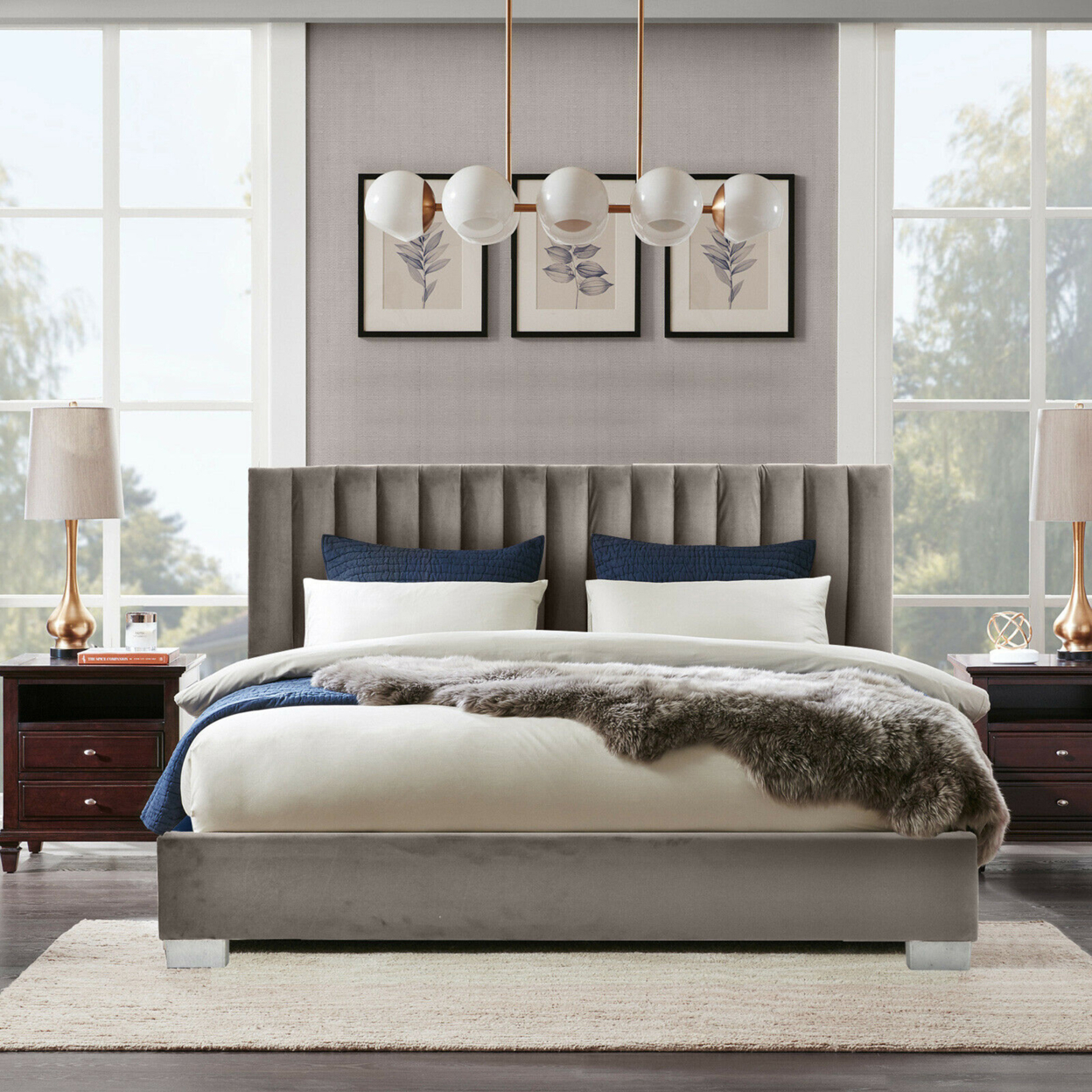 Full Tufted Upholstered Platform Bed Frame Flannel Headboard Light Grey