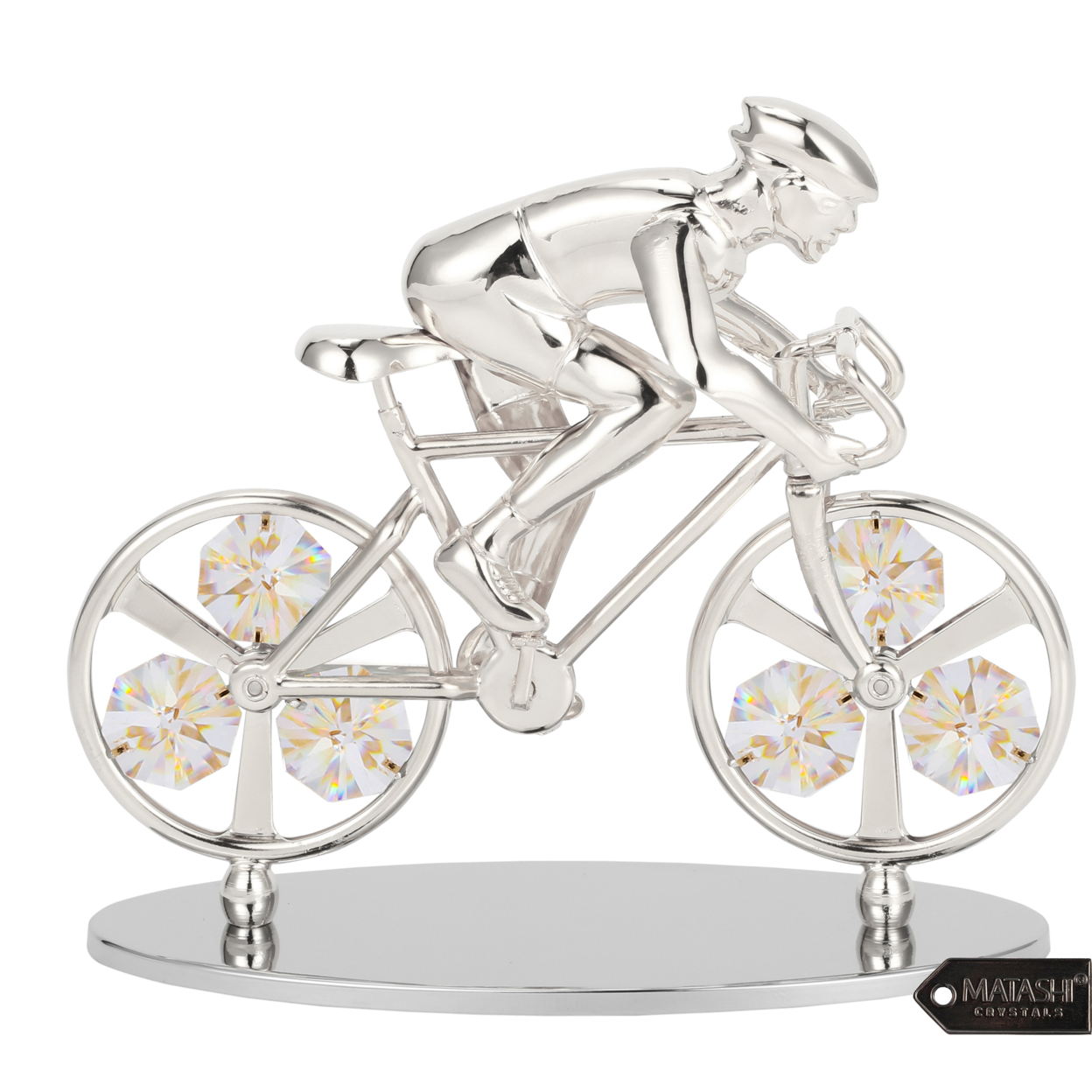 Matashi Silver Plated Cyclist On A Bicycle Figurine W/ Crystals, Tabletop Cyclist Ornament Gift For Sports Fan Desk Accessories Trophy