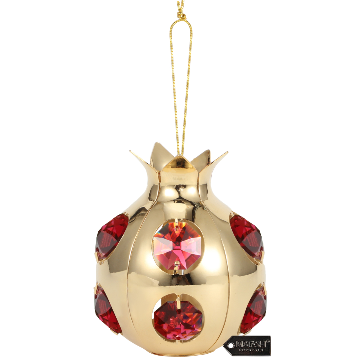 Matashi 24K Gold Plated Pomegranate Fruit Ornament W Red Crystals Perfect For Sukkot, Holidays, Christmas Ornament, Home Decor Gifts For Her