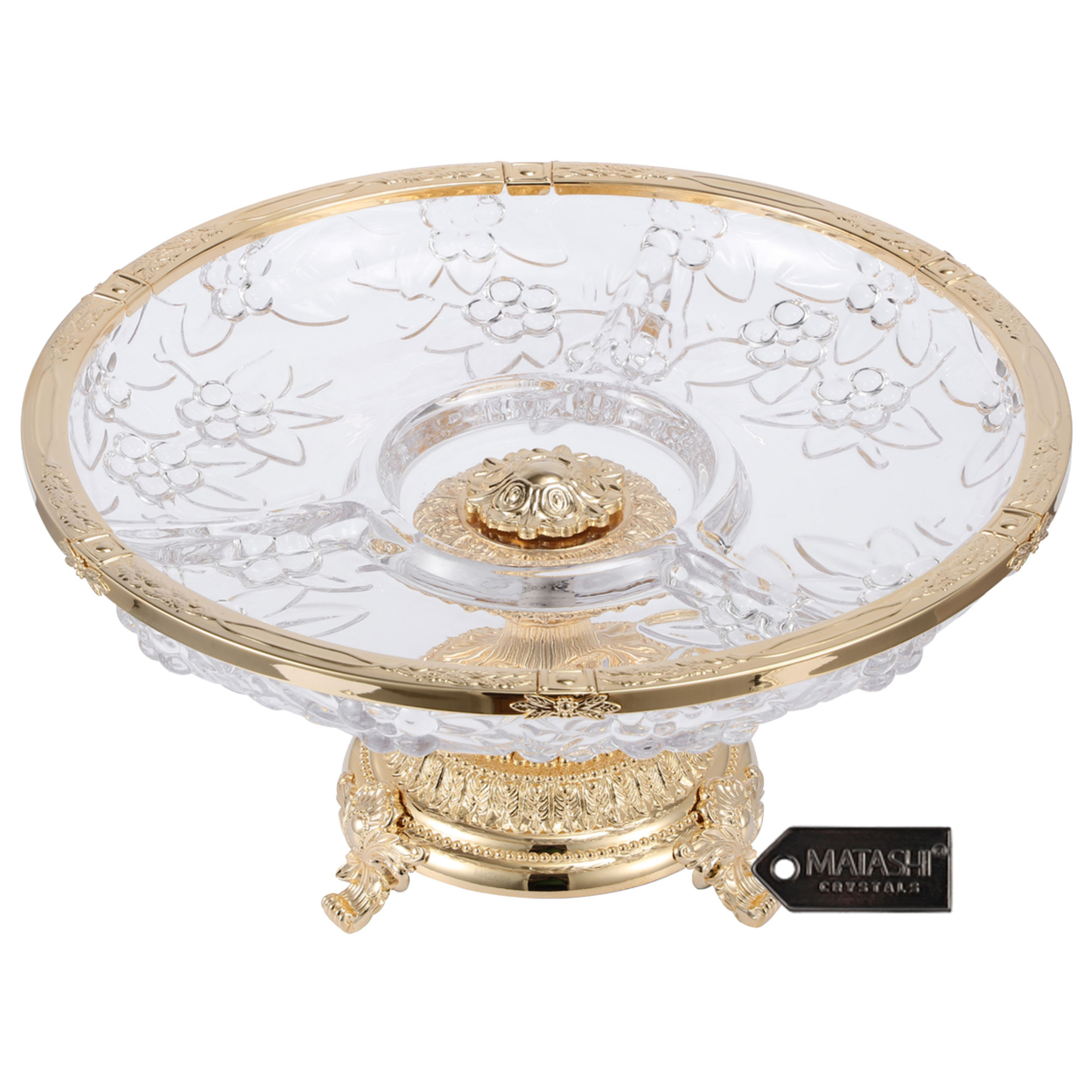 Matashi 3 Sectional Compote Centerpiece Decorative Bowl, Round Serving Platter W 24K Gold Plated Pedestal Base For Weddings Parties Tabletop