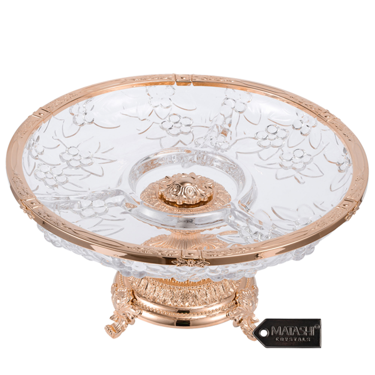 Matashi 3 Sectional Compote Centerpiece Decorative Bowl Round Serving Platter W Rose Gold Plated Pedestal Base For Weddings Parties Tabletop