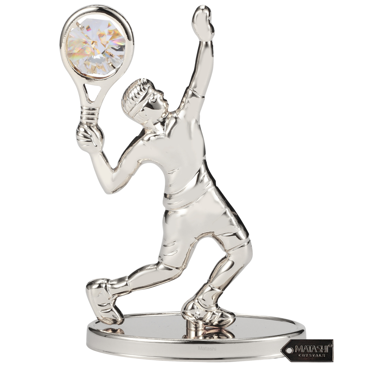 Matashi 24K Gold/Silver Plated Tennis Player Figurine With Crystals, Gift For Sports Fan Birthday Desk Accessories Trophy Boss Gift - Silver