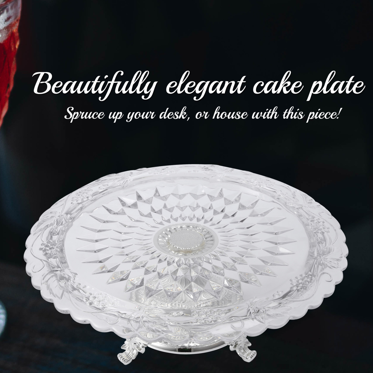 Matashi Glass Etched Cake Plate Centerpiece, Round Serving Platter W Silver Plated Pedestal Base For Weddings, Parties, Tabletop Stand
