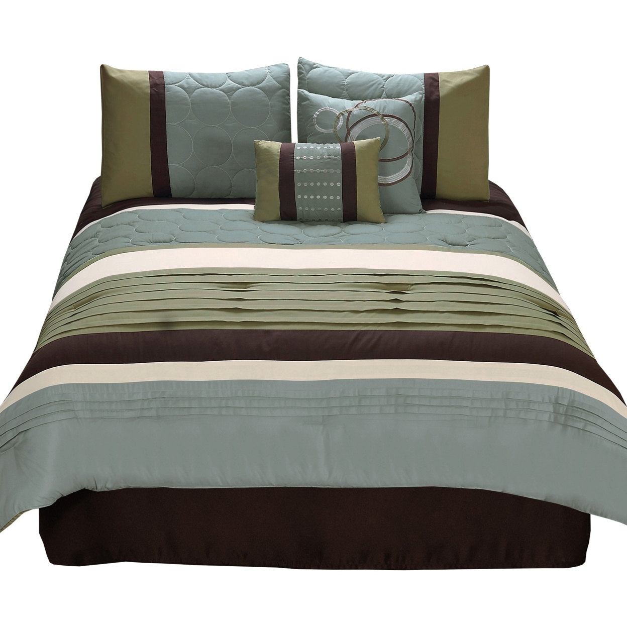 6 Piece King Comforter Set With Pleats And Embroidery, Green And Blue- Saltoro Sherpi
