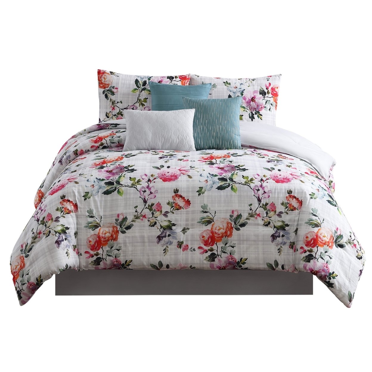 7 Piece Queen Comforter Set With Watercolor Floral Print, Multicolor- Saltoro Sherpi