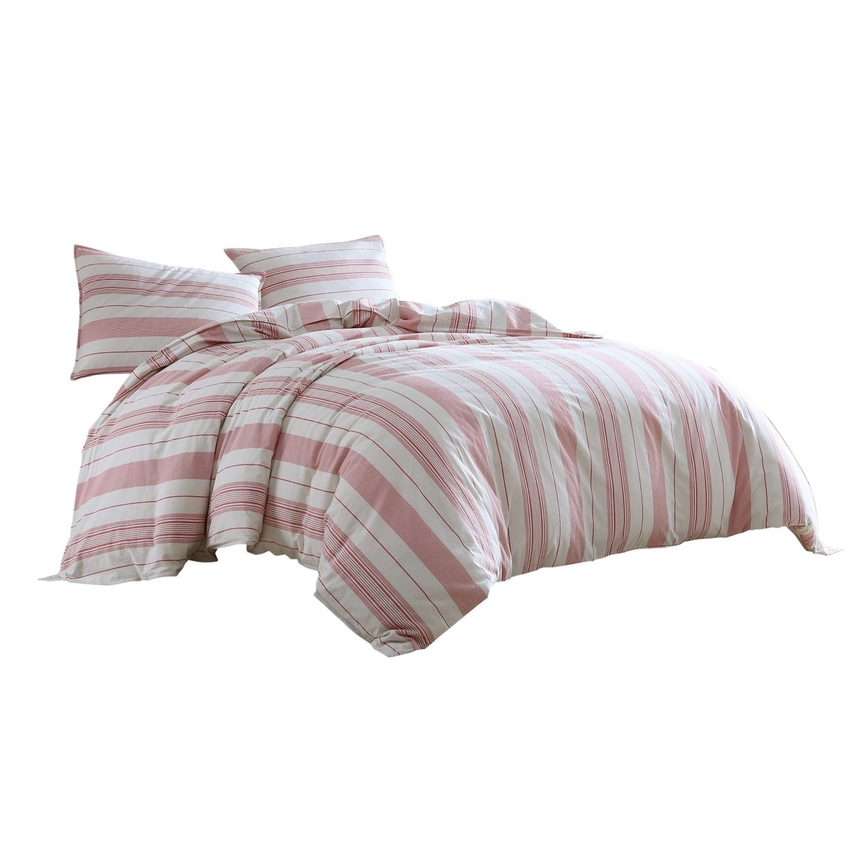3 Piece Queen Comforter Set With Vertical Stripes Pattern, White And Pink- Saltoro Sherpi
