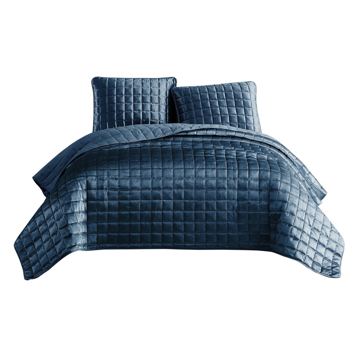 3 Piece Queen Coverlet Set With Stitched Square Pattern, Blue- Saltoro Sherpi