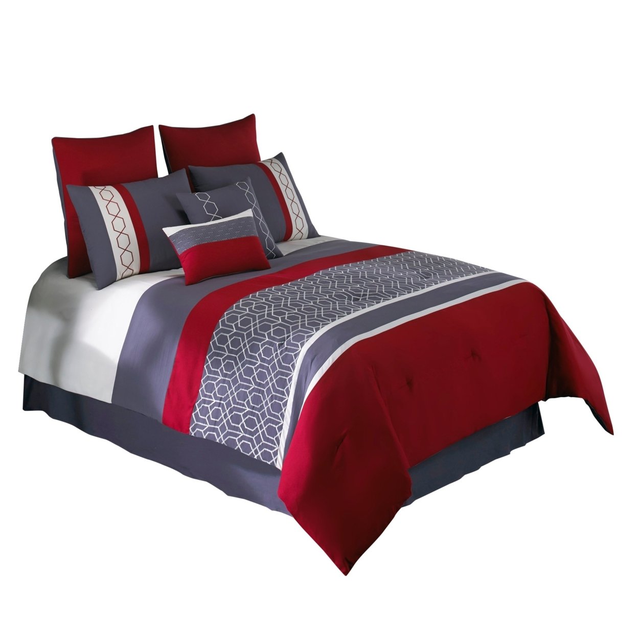 8 Piece Queen Comforter Set With Printed Trellis Pattern, Red- Saltoro Sherpi