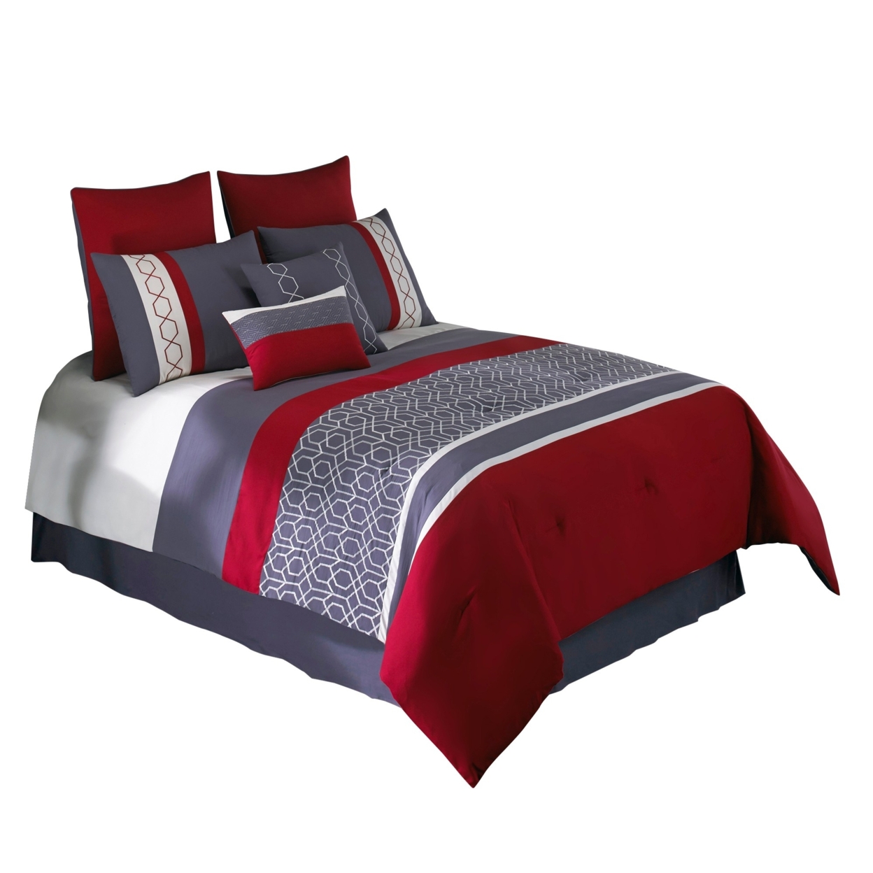 8 Piece King Comforter Set With Printed Trellis Pattern, Red- Saltoro Sherpi