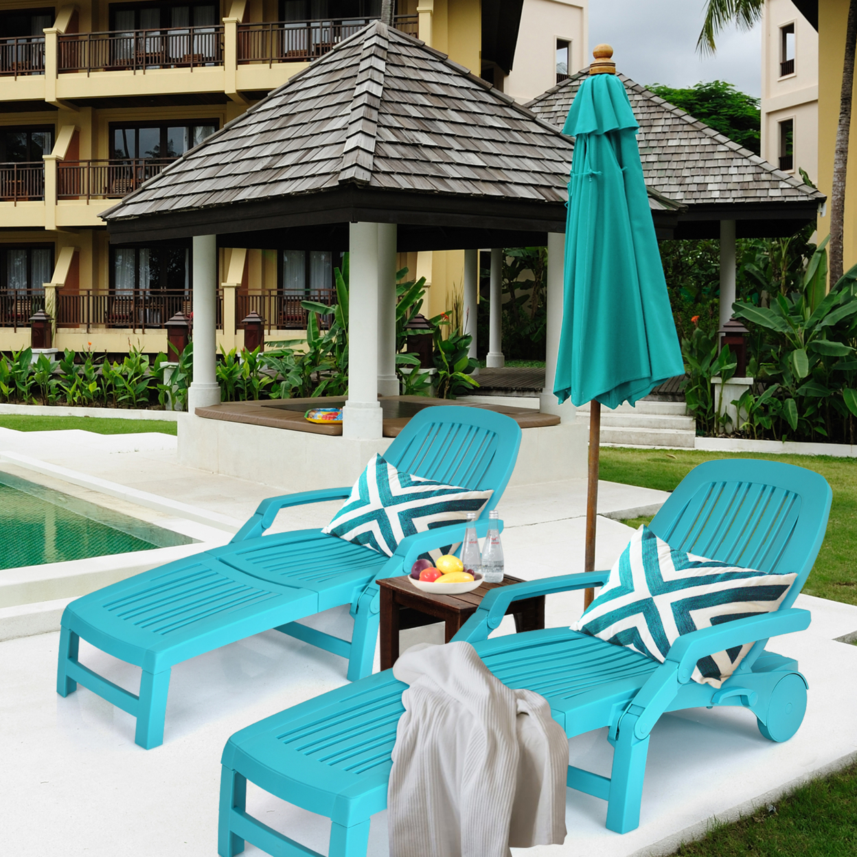Set Of 2 Patio Adjustable Chaise Lounge Chair Folding Sun Lounger Recliner - Turquoise