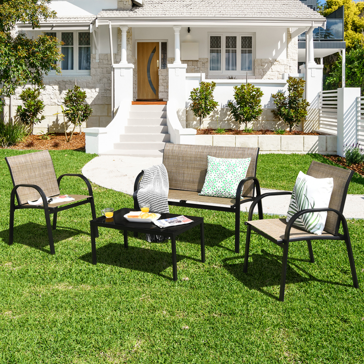 4PCS Patio Conversation Furniture Set All-Weather Garden Outdoor Brown