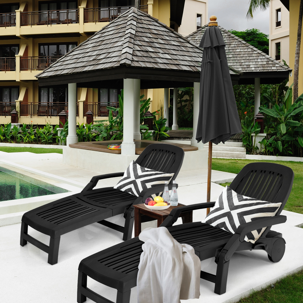 Set Of 2 Patio Adjustable Chaise Lounge Chair Folding Sun Lounger Recliner - Black