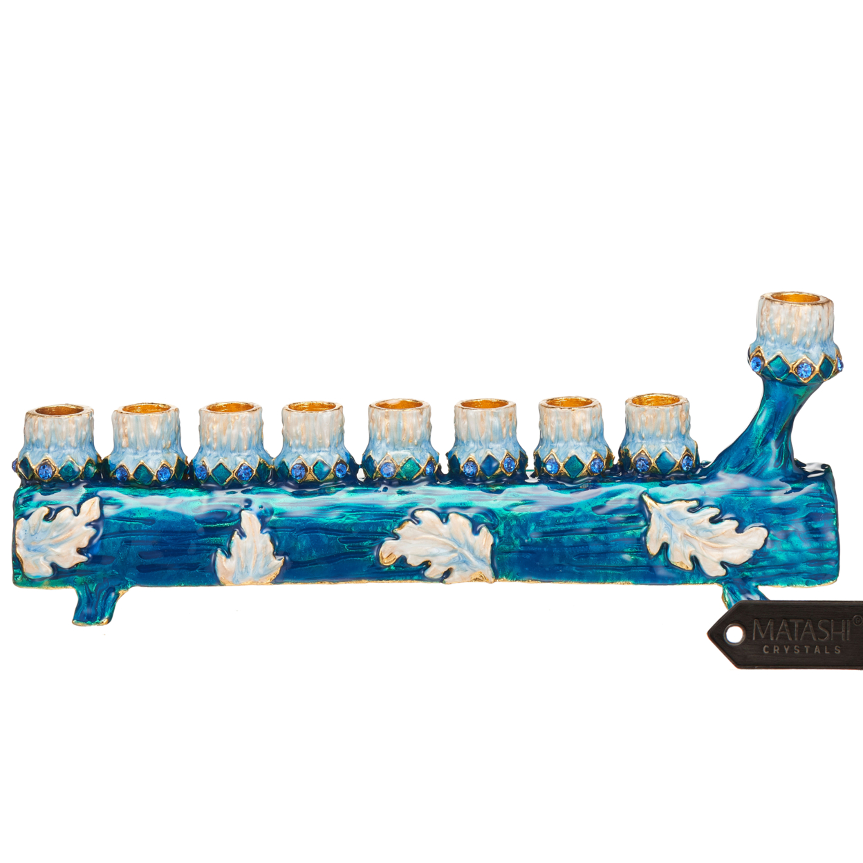Matashi Hand Painted Blue And Ivory Log Menorah Candelabra, With High Quality Crystals Jewish Candle Holder Hanukkah Gift