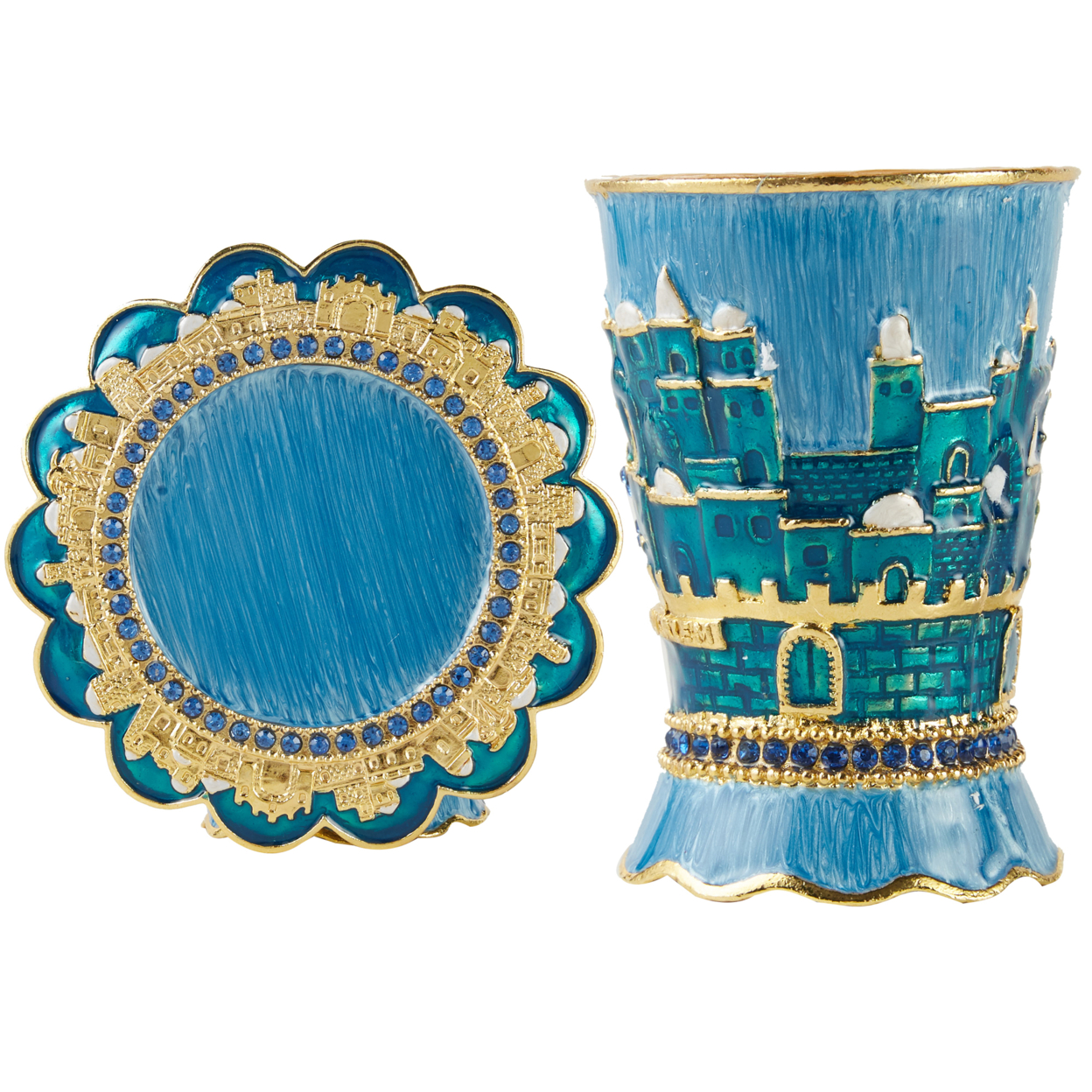 Matashi Hand-Painted Enamel 3.3'' Tall Kiddush Cup Set & Tray W Crystals & Jerusalem Cityscape Design Goblet, Judaica Gift, Blessings Cup