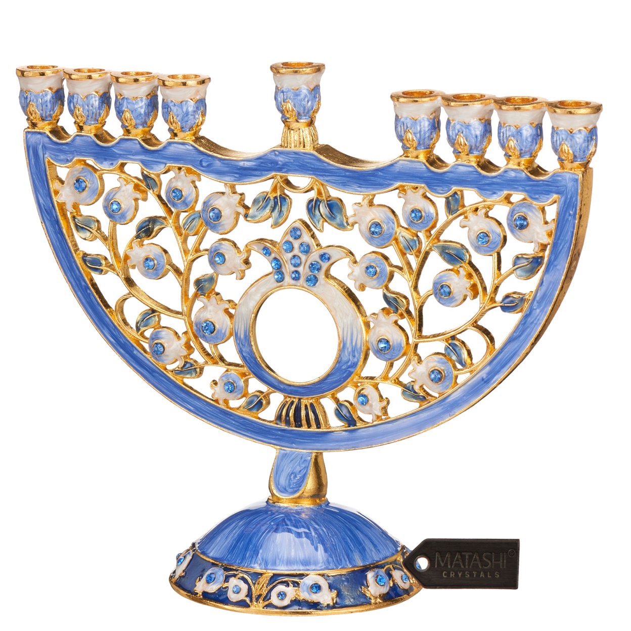 Matashi Hand Painted Blue Enamel Pomegranate Design Menorah Candelabra With Gold Accents And Crystals Jewish Candle Holder Hanukkah Gift
