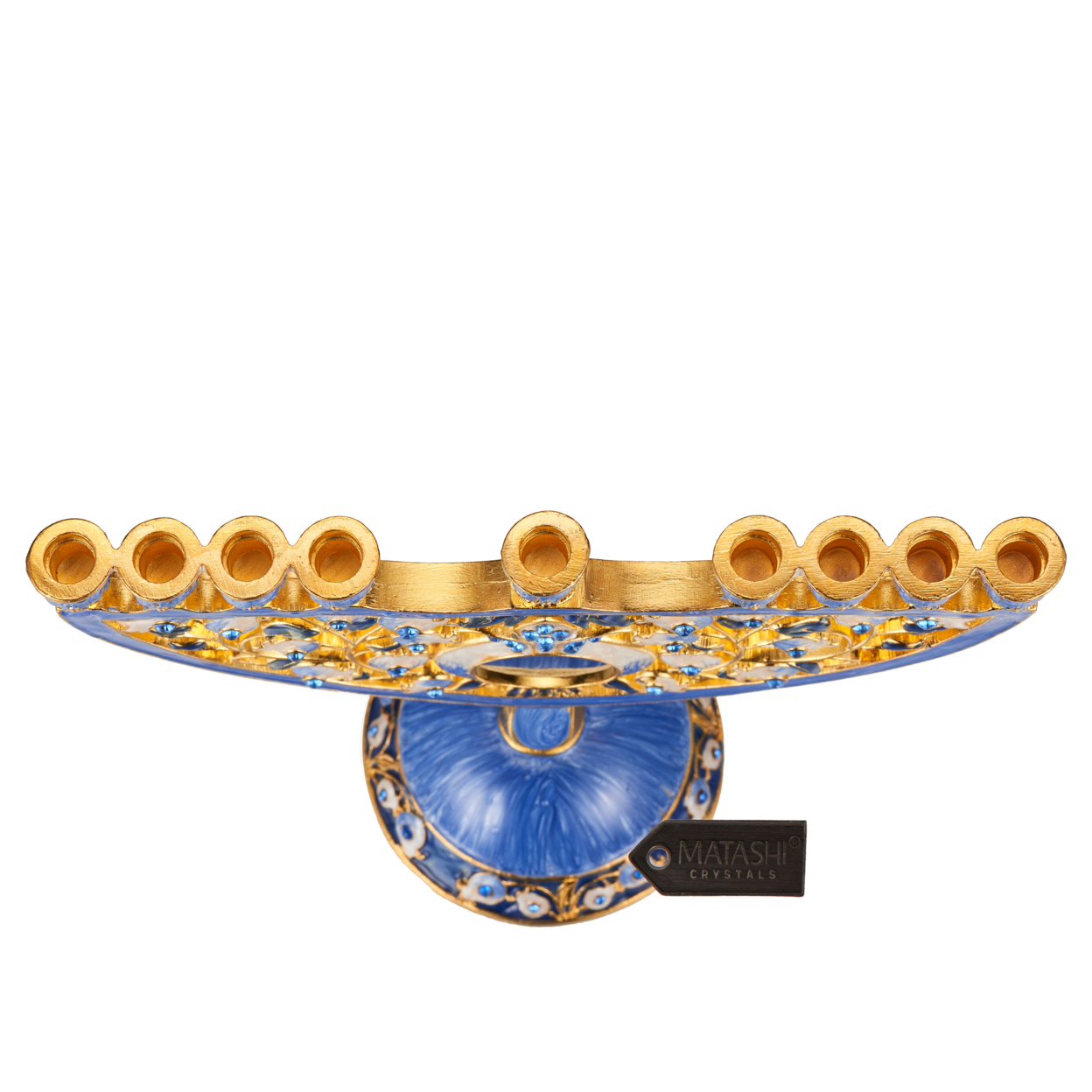 Matashi Hand Painted Blue Enamel Pomegranate Design Menorah Candelabra With Gold Accents And Crystals Jewish Candle Holder Hanukkah Gift