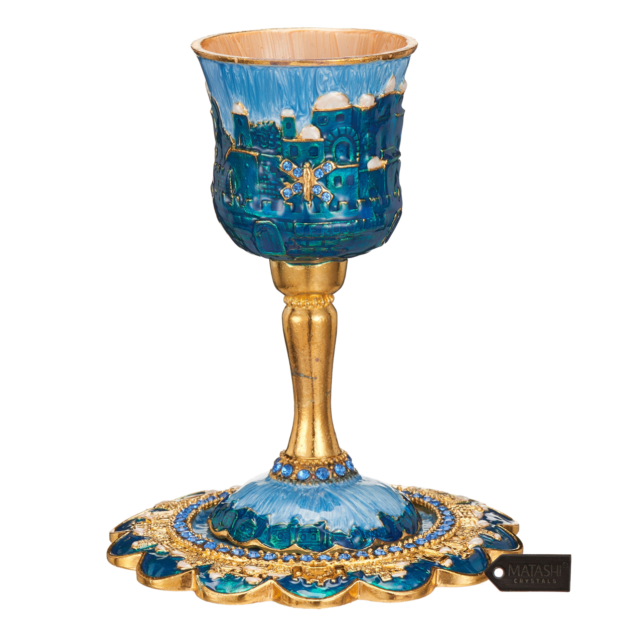 Matashi Hand-Painted Enamel Tall Kiddush Cup Set W Stem & Tray W Crystals & Jerusalem Cityscape Goblet Judaica Gift Blessings Cup