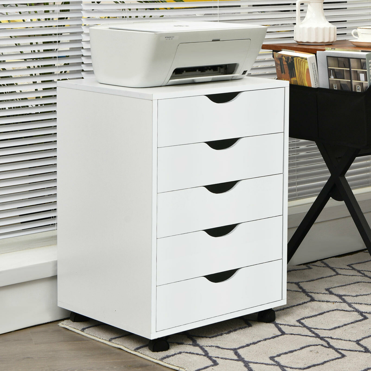 5 Drawer Dresser Storage Cabinet Chest W/Wheels For Home Office White