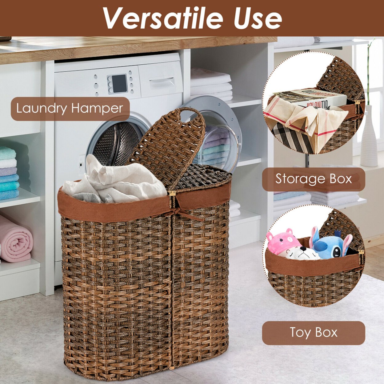 Handwoven Laundry Hamper Laundry Basket W/2 Removable Liner Bags - Brown