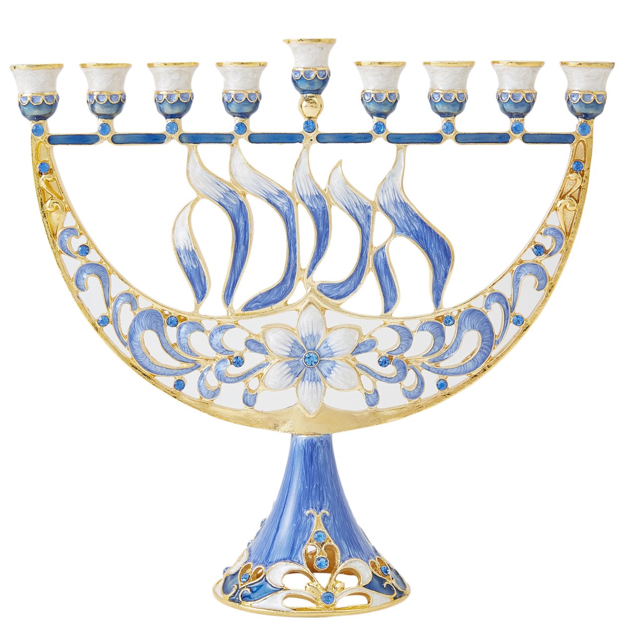 Matashi Hand Painted Enamel Menorah Candelabra W/ A Flower & Hanukkah Design W/ Gold Accents & Crystals Jewish Candle Holder Hanukkah Gift