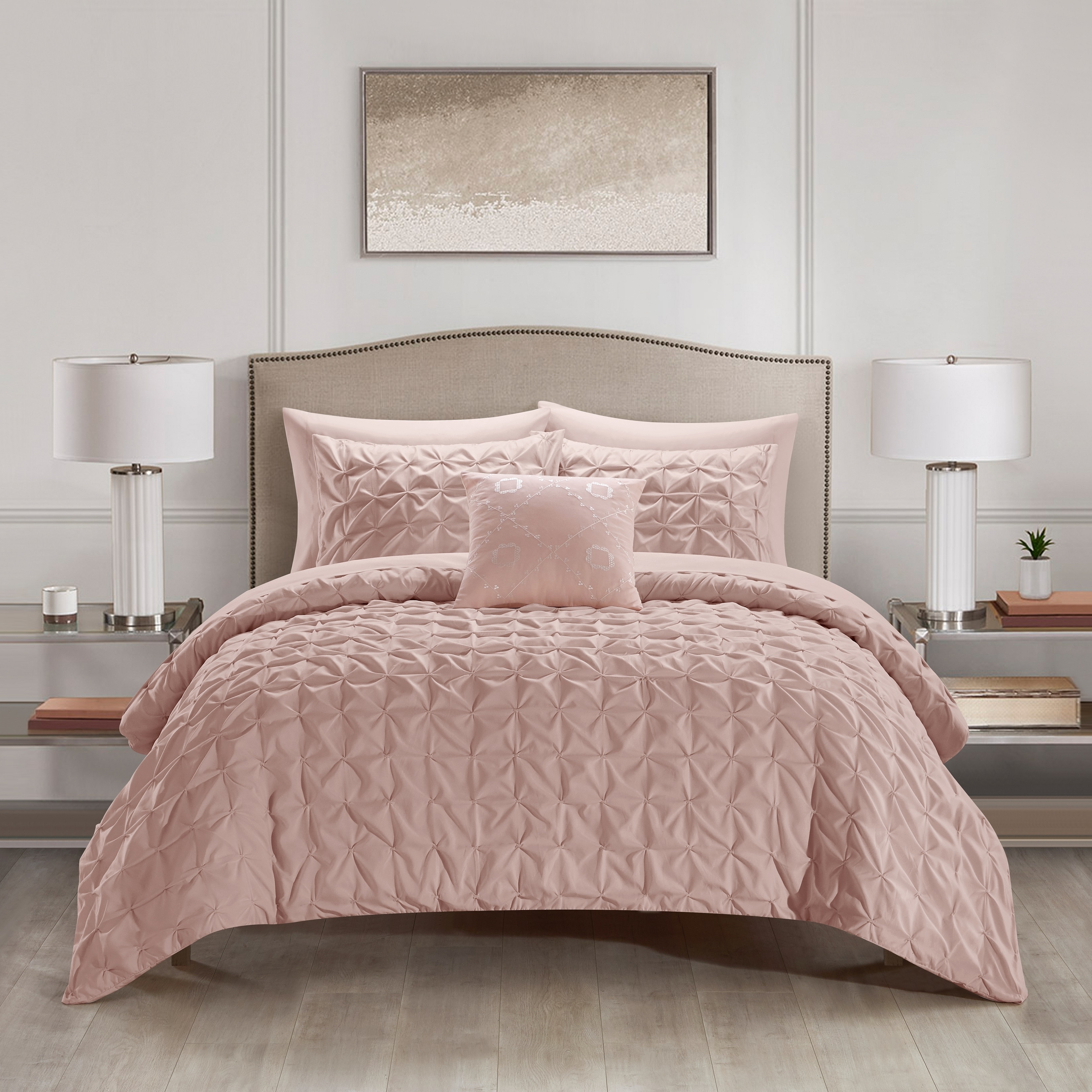 Edison 8 Or 6 Piece Comforter Set Pinch Pleat Box Design Bed In A Bag Bedding - Blush, Twin - 6 Piece