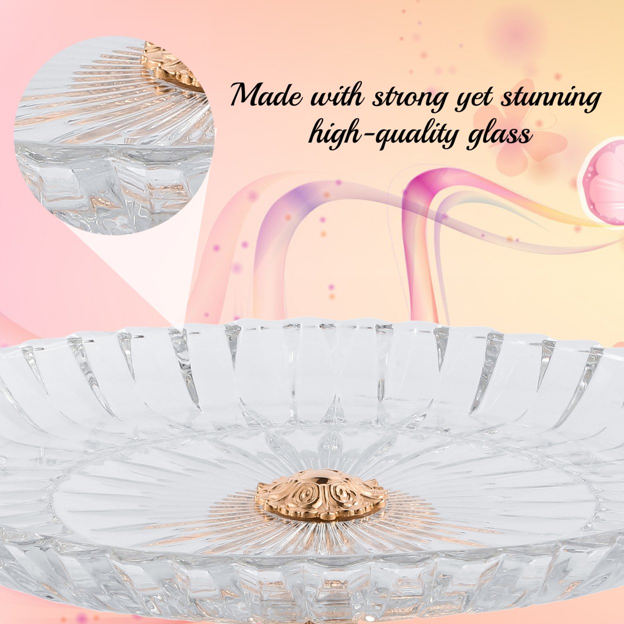 Matashi Cake Plate Centerpiece Decorative Dish, Round Serving Platter W Rose Gold Plated Pedestal Base For Weddings Parties Tabletop