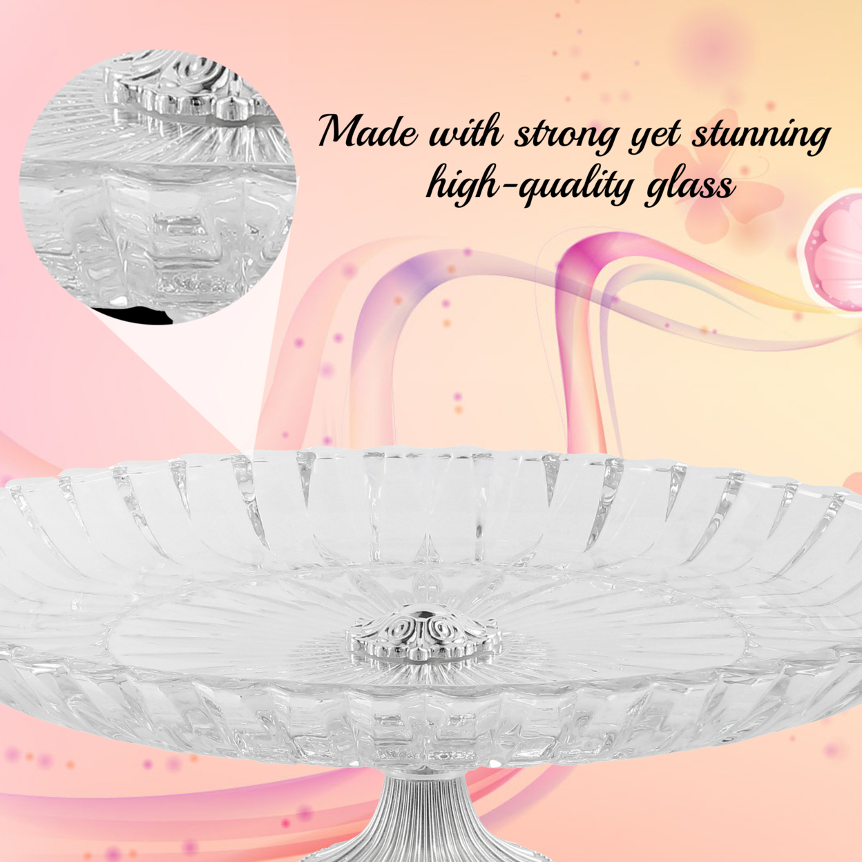Matashi Cake Plate Centerpiece Decorative Dish, Round Serving Platter W Silver Plated Pedestal Base For Weddings, Parties, Tabletop Stand