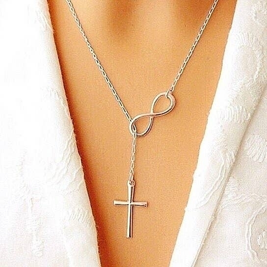 SILVER Filled High Polish Finsh INFINITY CROSS LARIAT NECKLACE
