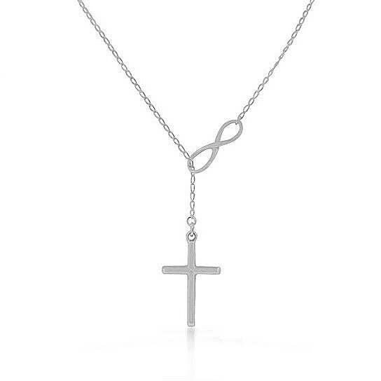 Silver Filled High Polish Finsh Infinity Cross Lariat Necklace Unisex