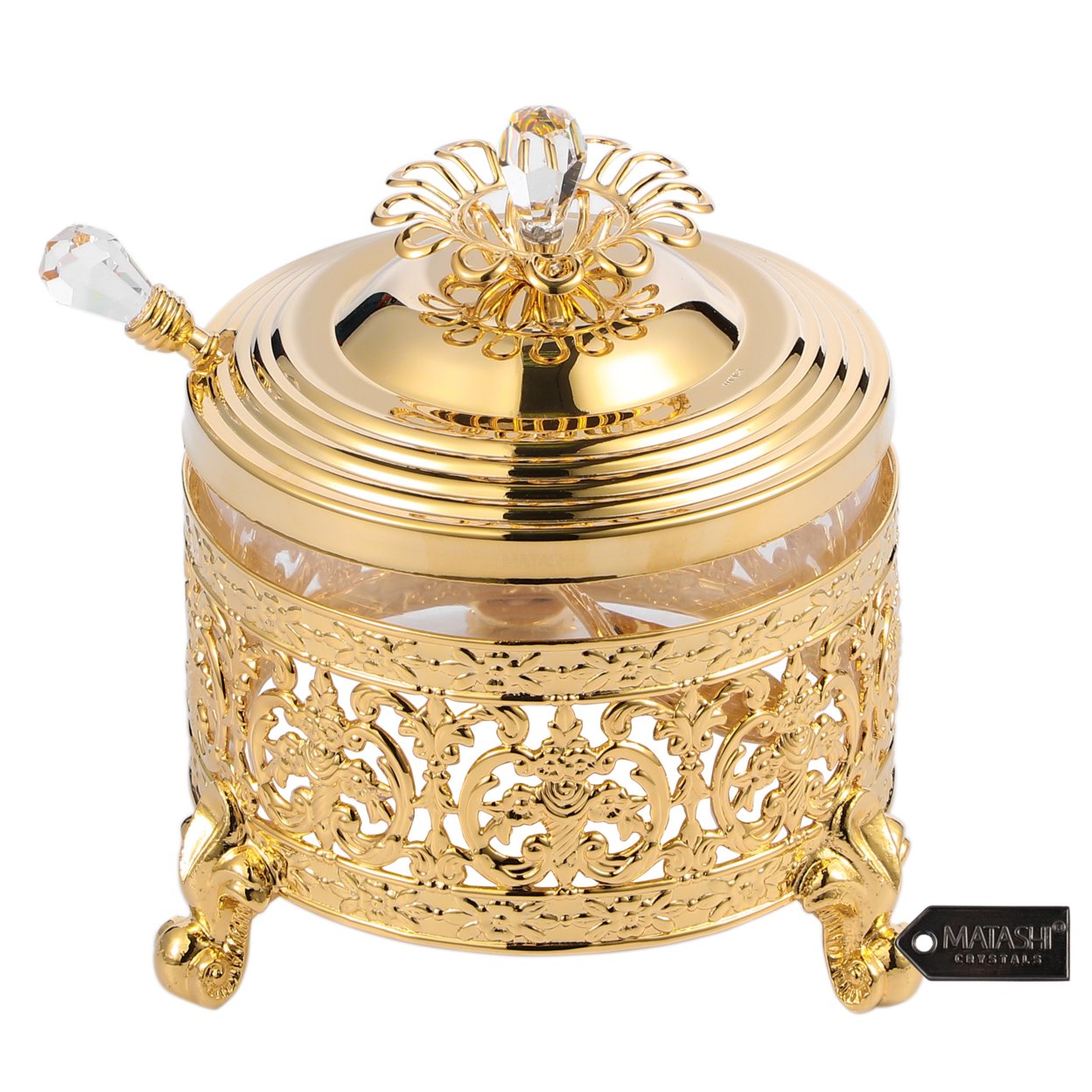 Matashi 24K Gold/SIlver Plated Sugar Bowl, Honey Dish, Glass Bowl - Detailed Intricate Design And Flower On Cover With Crystal Studded Spoon