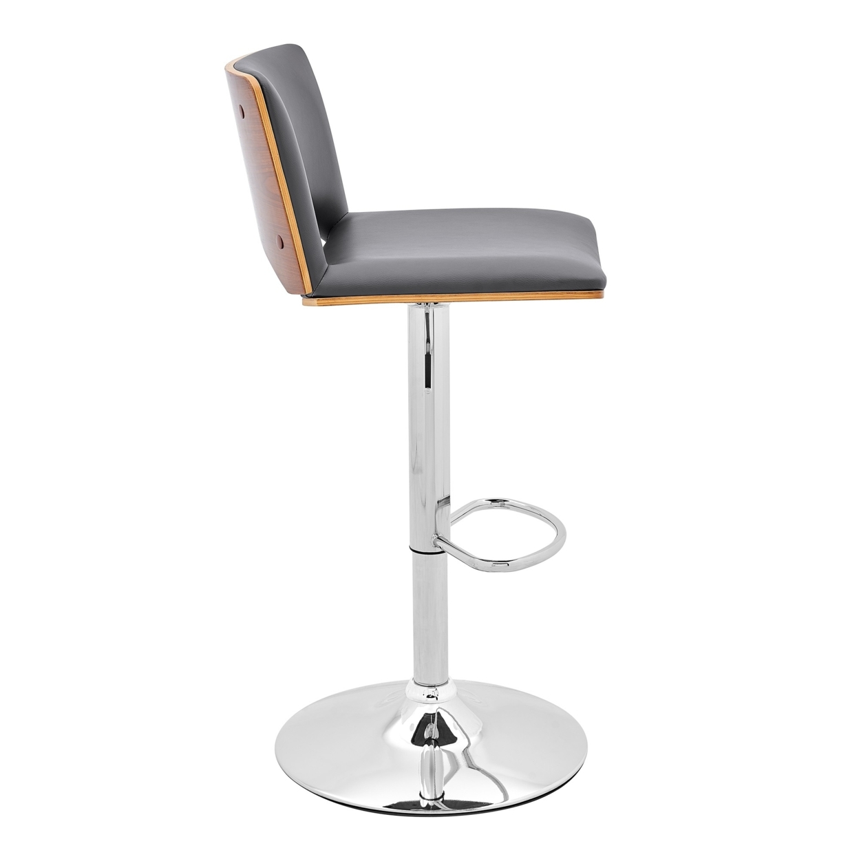 Thierry Adjustable Swivel Gray Faux Leather With Walnut Back And Chrome Bar Stool- Saltoro Sherpi