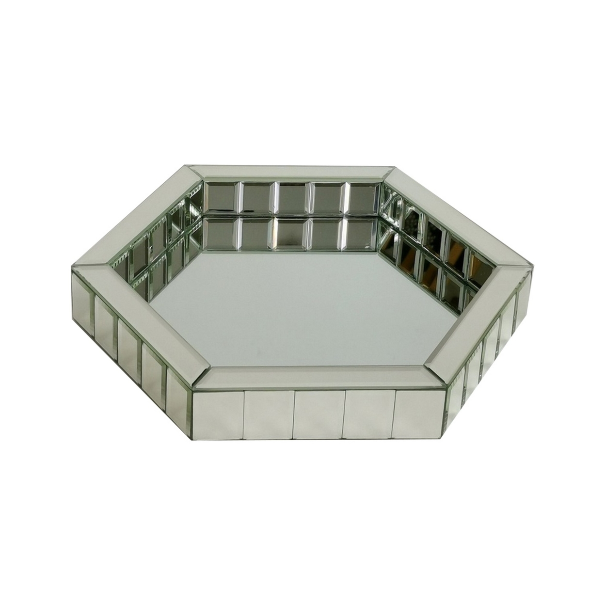 Tray With Hexagonal Beveled Mirror Panel Framing, Clear- Saltoro Sherpi