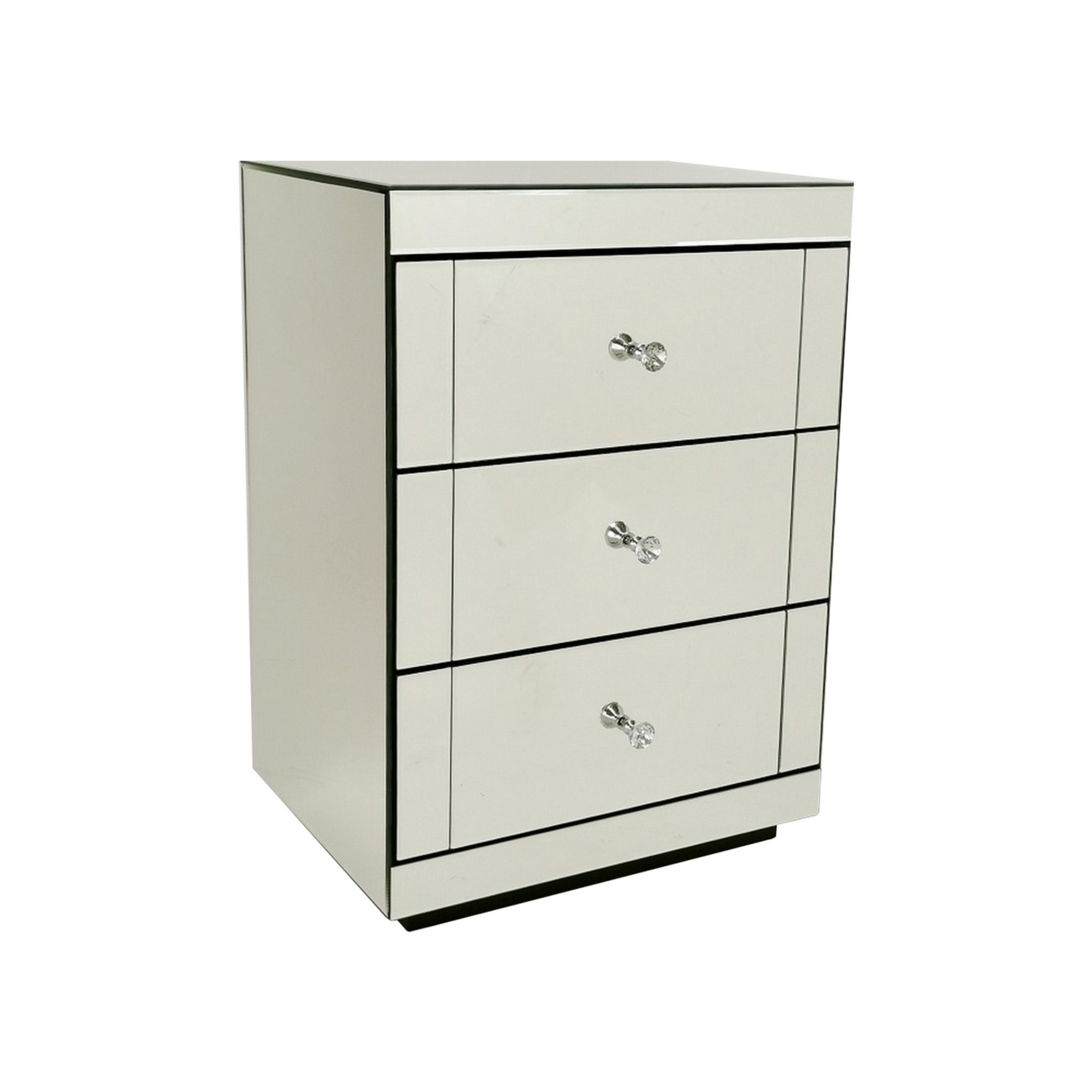 Mirrored Chest With 3 Drawers And Crystal Pulls, Silver- Saltoro Sherpi