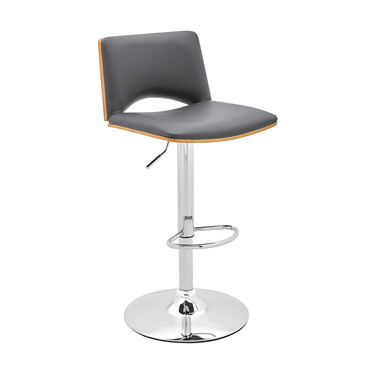 Thierry Adjustable Swivel Gray Faux Leather With Walnut Back And Chrome Bar Stool- Saltoro Sherpi