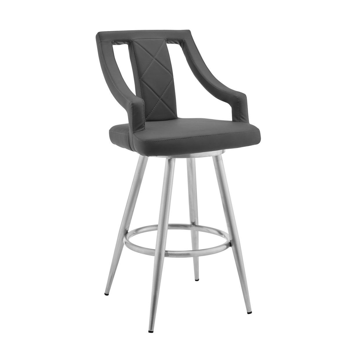 Maxen 26 Gray Faux Leather And Brushed Stainless Steel Swivel Bar Stool- Saltoro Sherpi