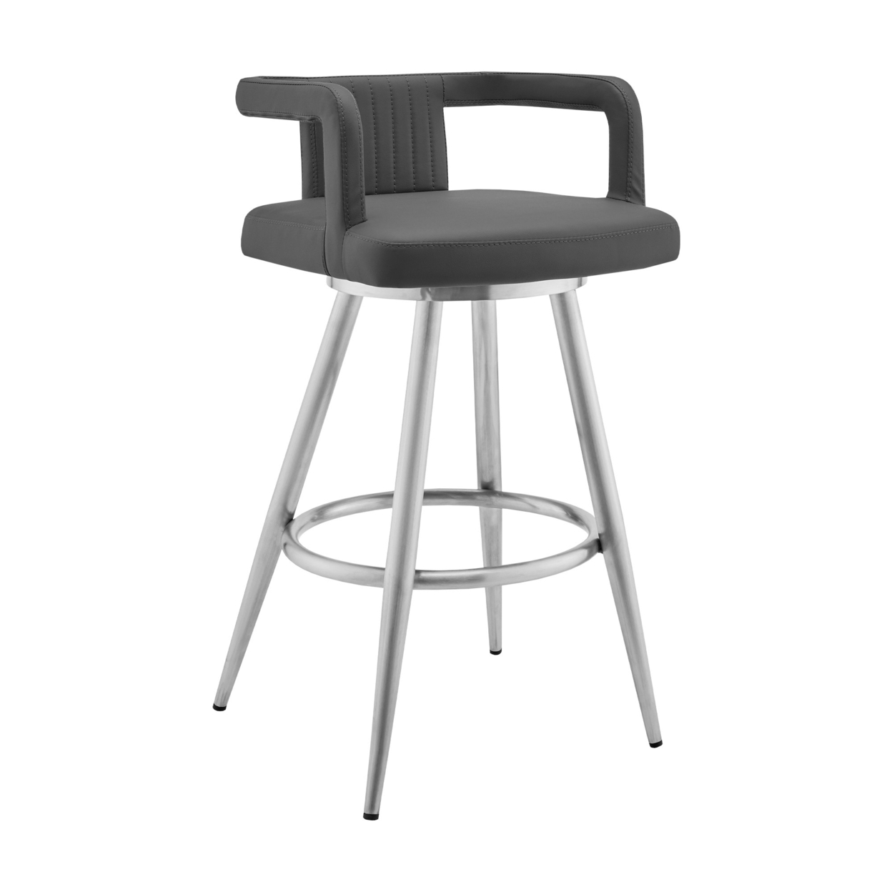 Gabriele 30 Gray Faux Leather And Brushed Stainless Steel Swivel Bar Stool- Saltoro Sherpi