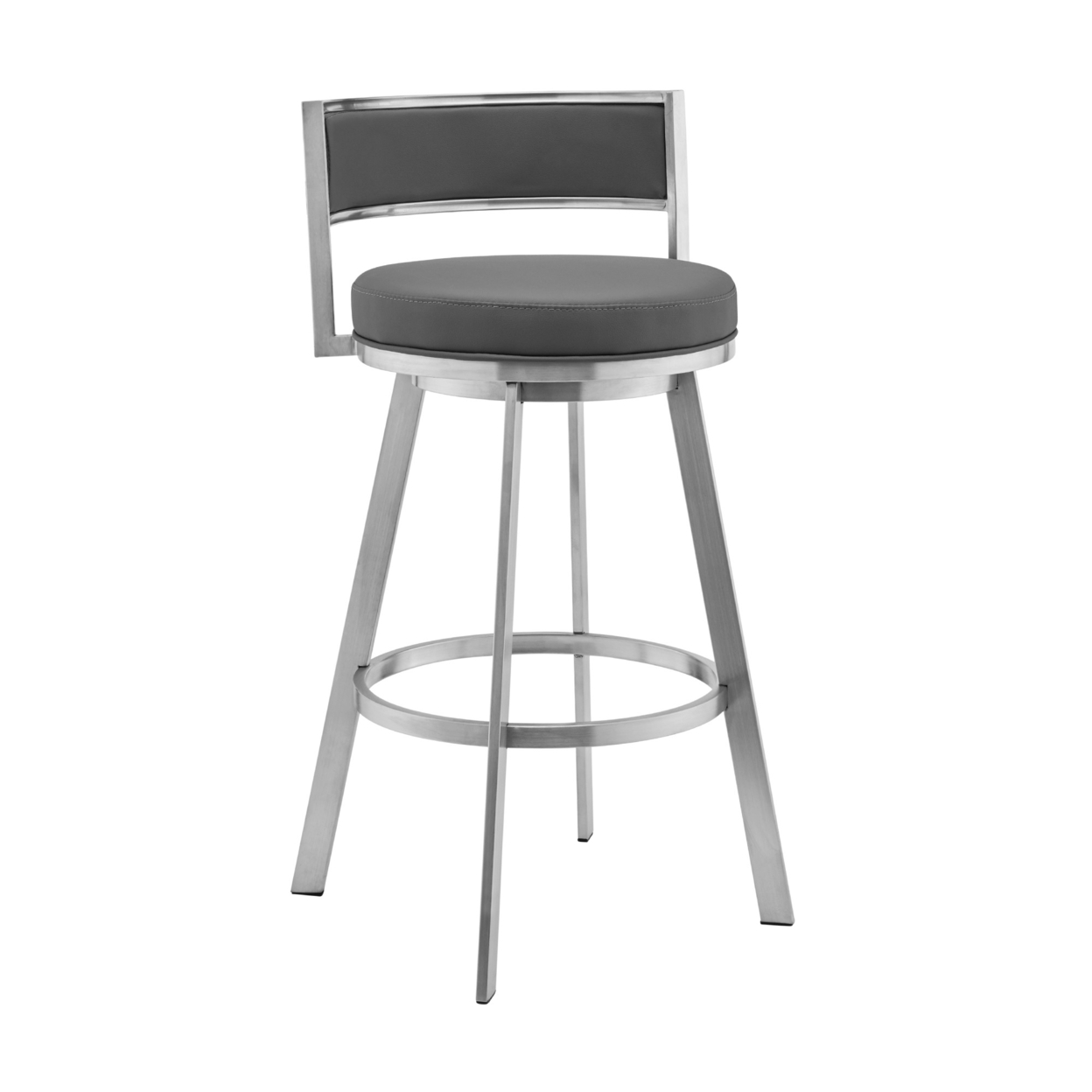 Roman 26 Gray Faux Leather And Brushed Stainless Steel Swivel Bar Stool- Saltoro Sherpi