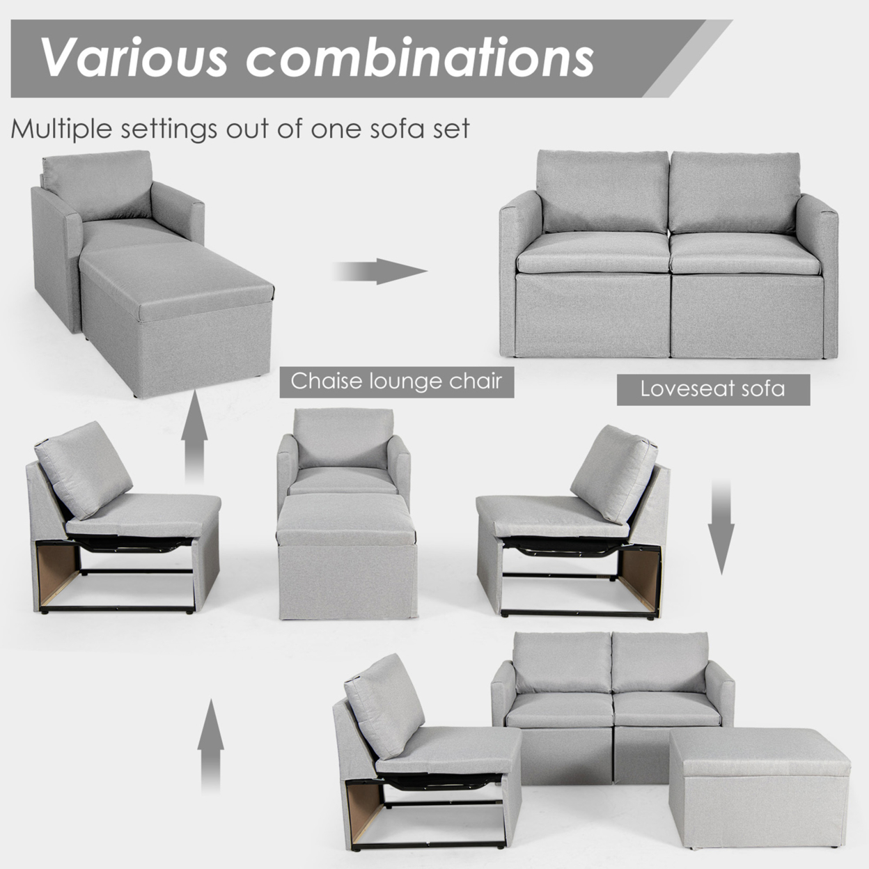 Convertible L-shaped Sectional Sofa Couch Chaise W/ Ottoman Cushions - Light Grey