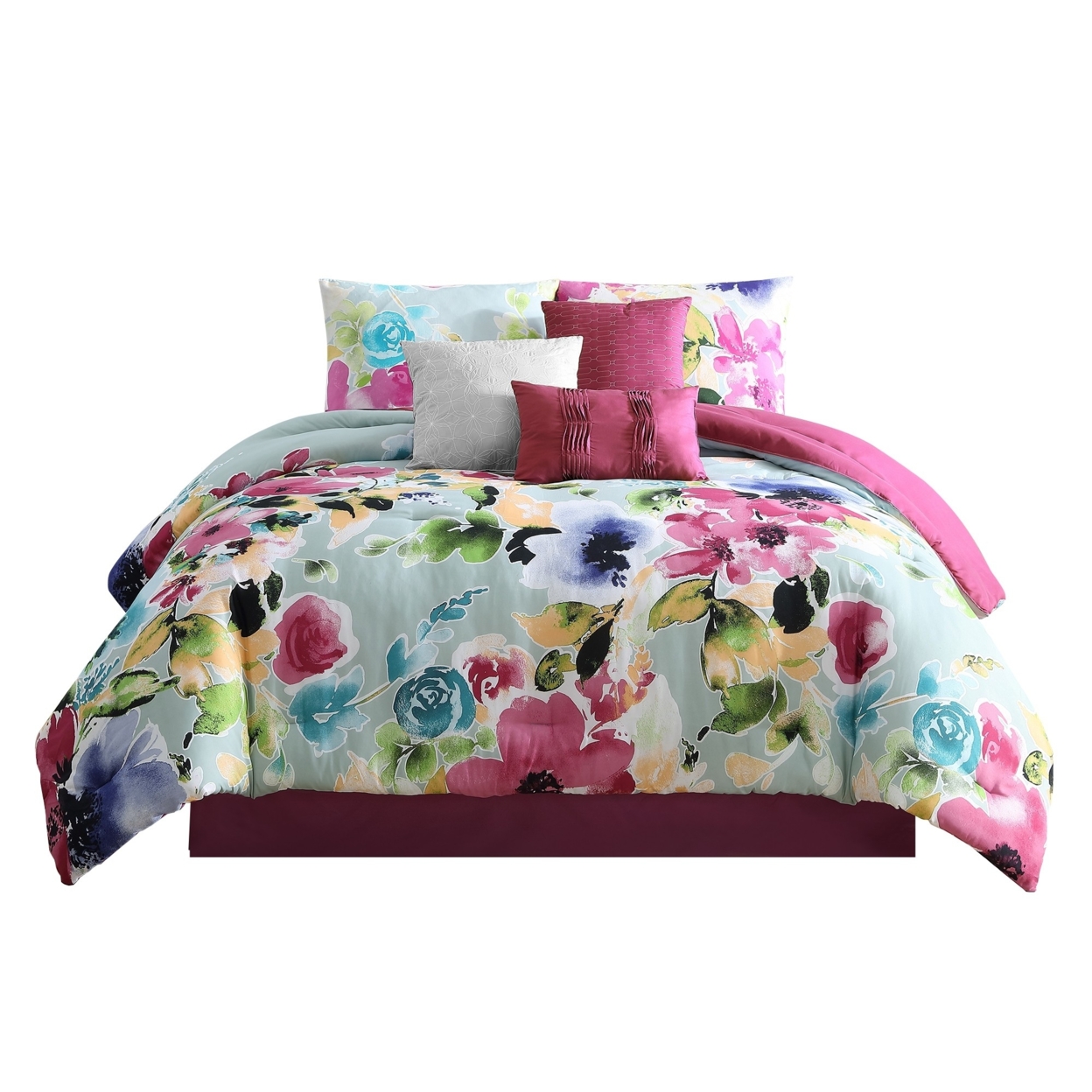 7 Piece King Comforter Set With Bright Floral Print, Multicolor- Saltoro Sherpi
