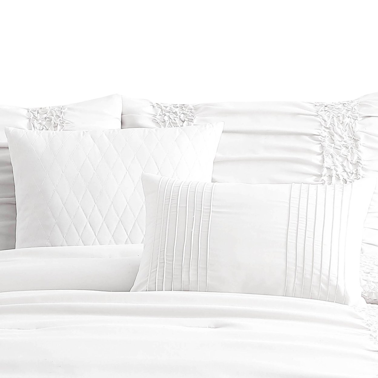 4 Piece Twin Comforter Set With Ruching Details, White- Saltoro Sherpi